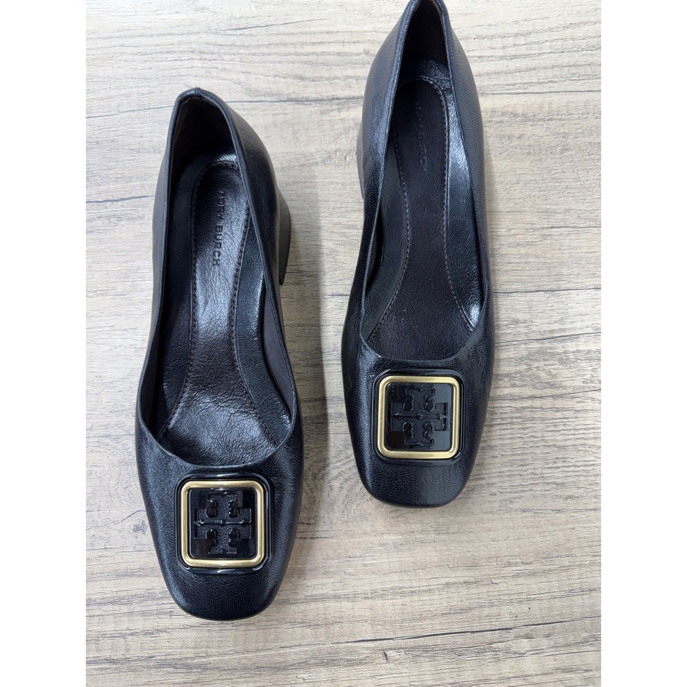 Tory Burch Black Pebble Leather Logo Block Heel Square Toe Pumps 6.5M